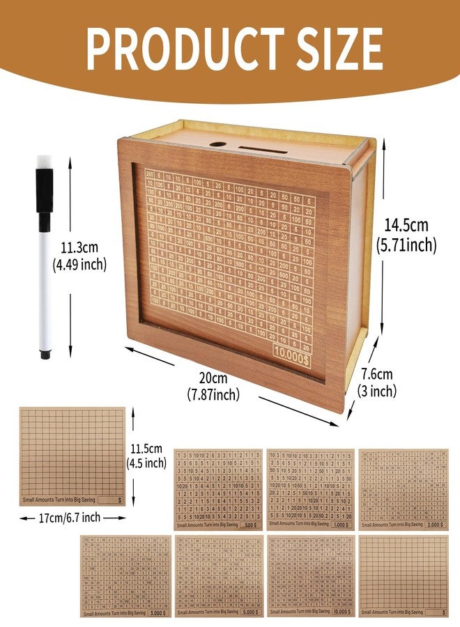 YATIME Money Box with Counter,Reusable Cash Vault Wooden Savings Box with 500 1000 2000 3000 5000 10000 Money Saving Target,Wooden Coin Money Bank for Kids Adults - Image 5